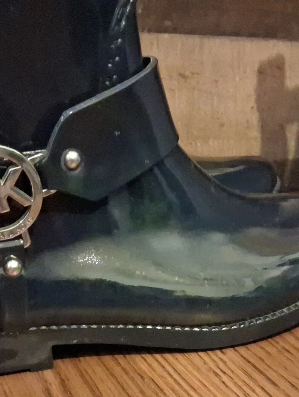Michael Kors Fulton Harness Black Tall Rubber Rain Boots MK Silver Logo Womens 9